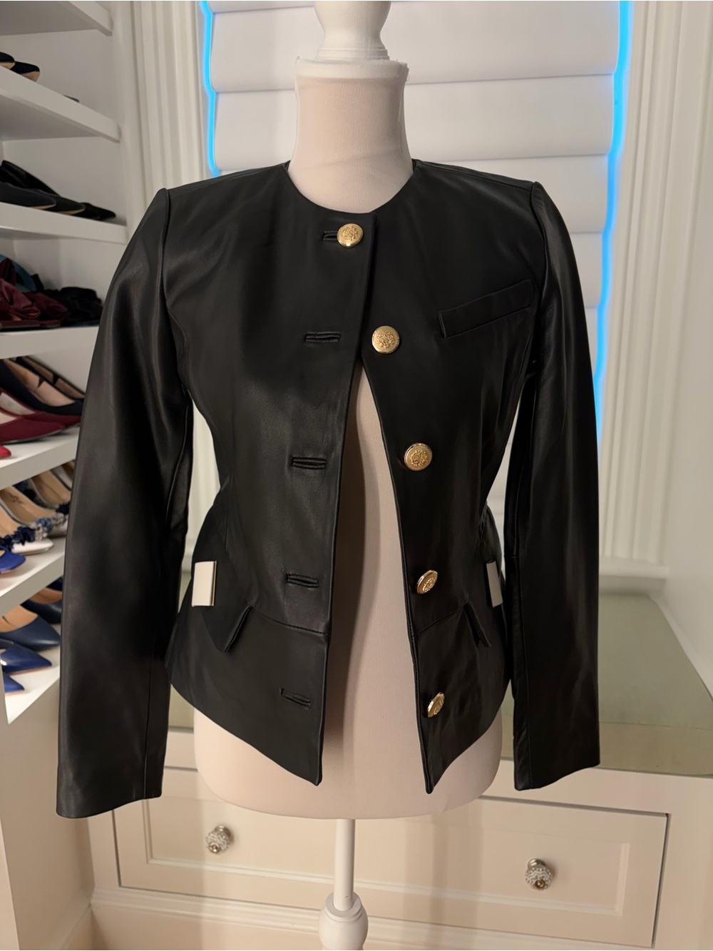 NWT Sz XS Walter Baker Black Leather Jacket with Gold Buttons